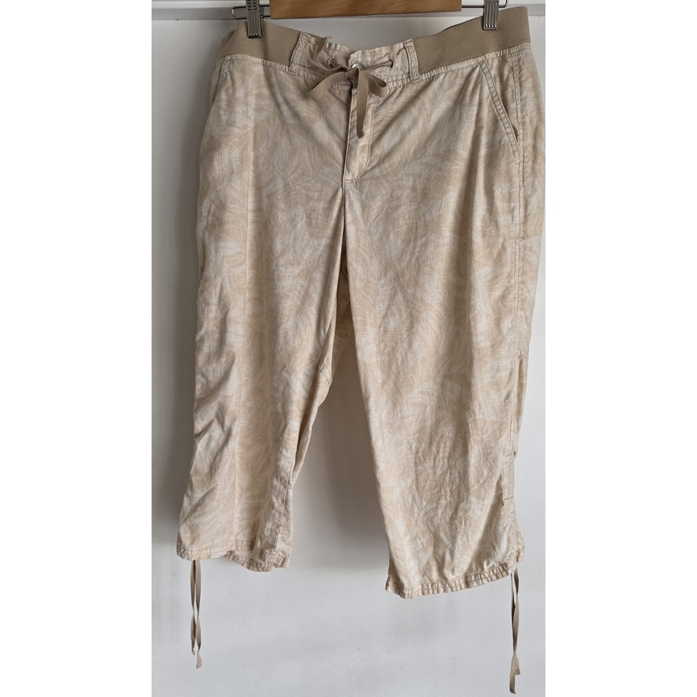 Bandolino Laura Capri Pants 8P Beige Leaf Pattern Linen Casual Coastal Cropped
